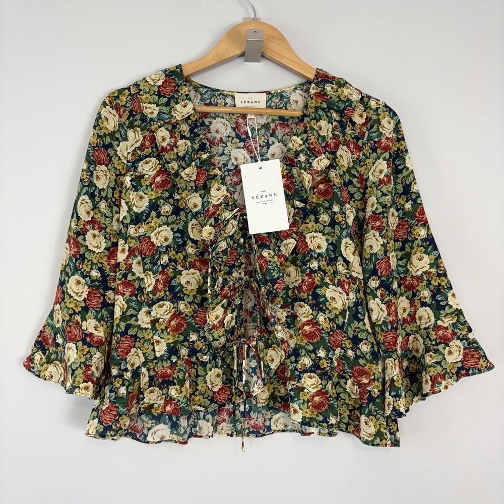 Sézane Yseline Shirt Alicante Blue Print Sz 42 Silk Floral Ruffle - Picture 4 of 13
